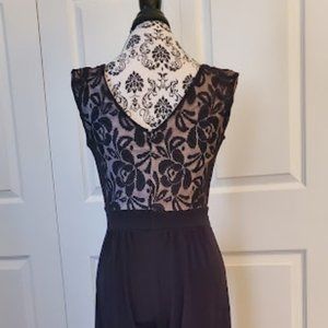 Black jumpsuite with lace bodice, belt tie. Enfocus Petite, Size 8P.